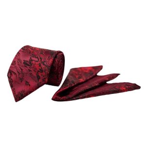 Bordo Siyah Batik Desen Mendilli Kravat 7741-3MK