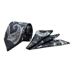 Siyah Gümüş Şal Desen Mendilli Kravat 7713-4MK