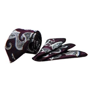 Mürdüm Gümüş Şal Desen Mendilli Kravat 7713-6MK