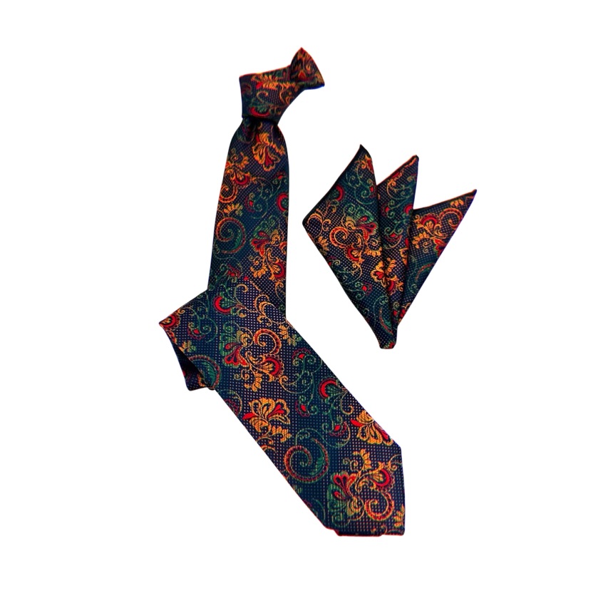 Yeşil Taba Sarmaşık Desen Mendilli Kravat 9907-5MK - Görsel 2