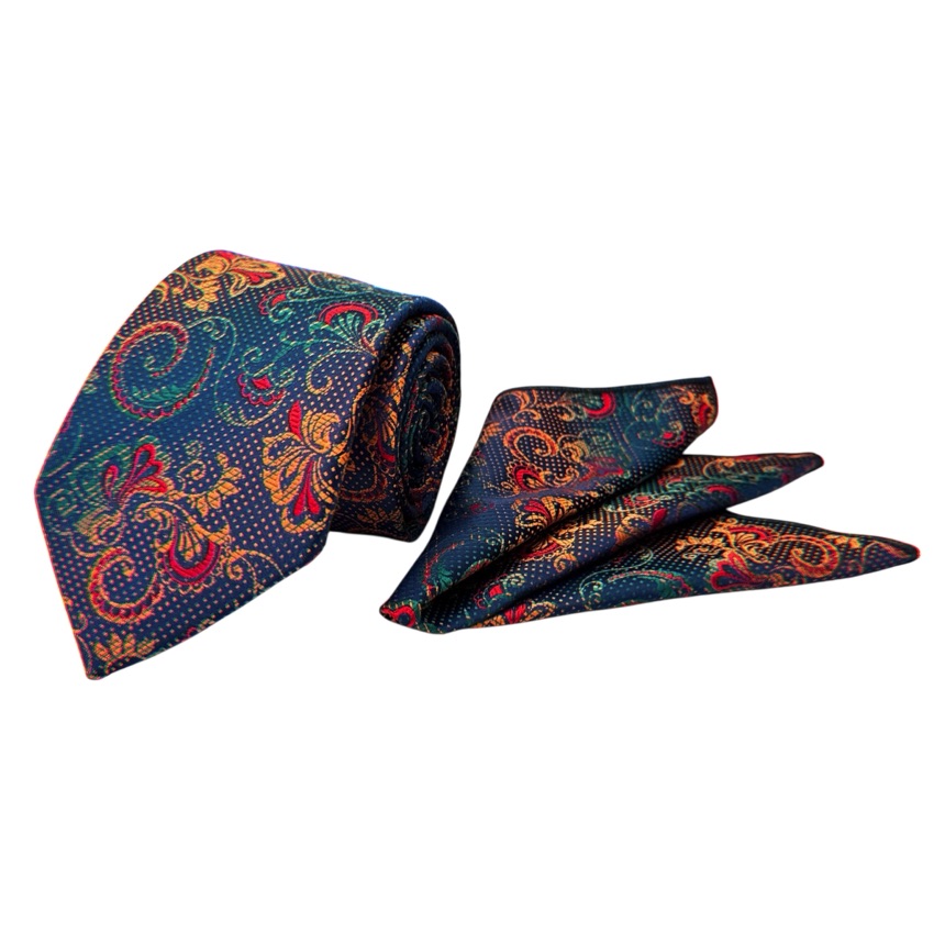 Yeşil Taba Sarmaşık Desen Mendilli Kravat 9907-5MK